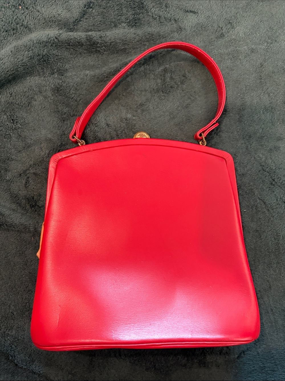 Vintage Kessler Red Leather Frame Handbag Purse w/ Matching Coin Purse – 9” x 9”